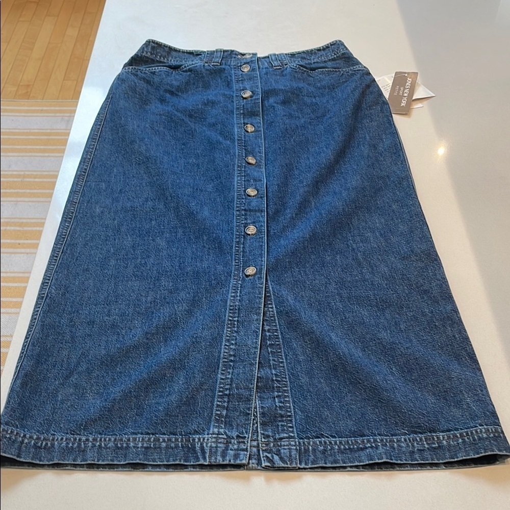 🆕 Jones New York Denim A-Line Midi Skirt, Button Front, Size 8P